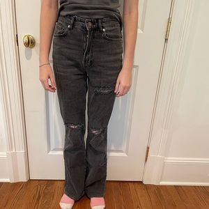 Stretch high rise flare jeans. Grey with rips. Urban Outfitters BDG.